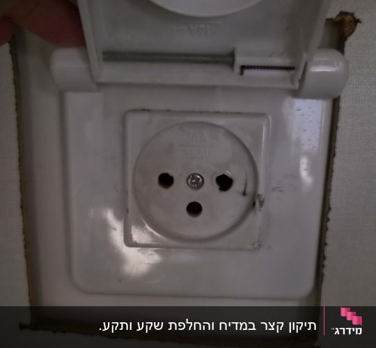 שקע חשמל לבן עם מכסה מגן מותקן בקיר